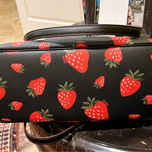 NWT Coach Black Tote Bag W/Wild Strawberry Print, Silver Hardware, Coated Canvas - Picture 14 of 17